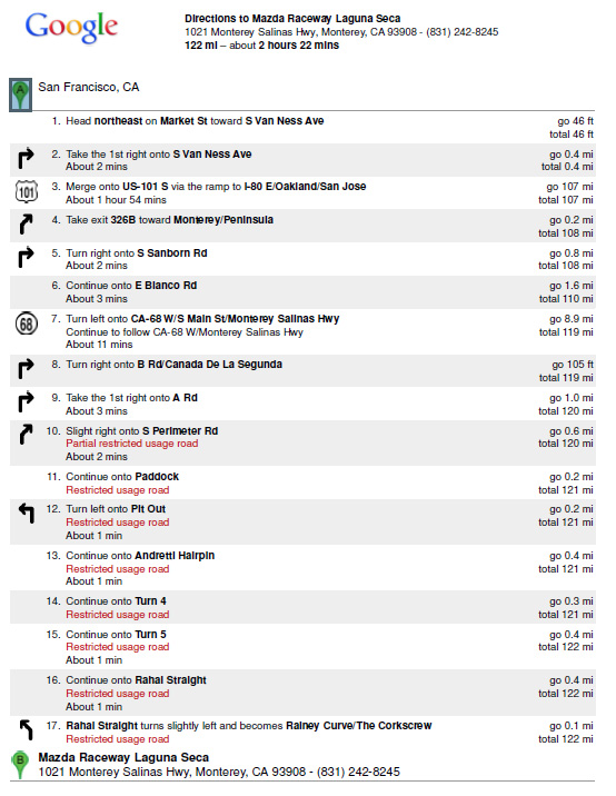 Directions from San Francisco to Laguna Seca